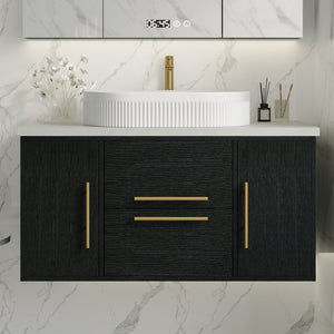 English Elm 39.4 Inch Floating Bathroom Vanity Solid Wood Cabinet with Ceramic Vessel Sink W3136S00125