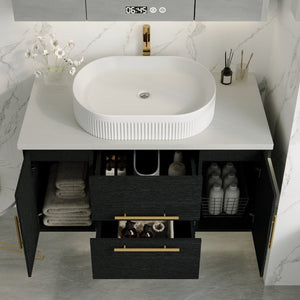 English Elm 39.4 Inch Floating Bathroom Vanity Solid Wood Cabinet with Ceramic Vessel Sink W3136S00125