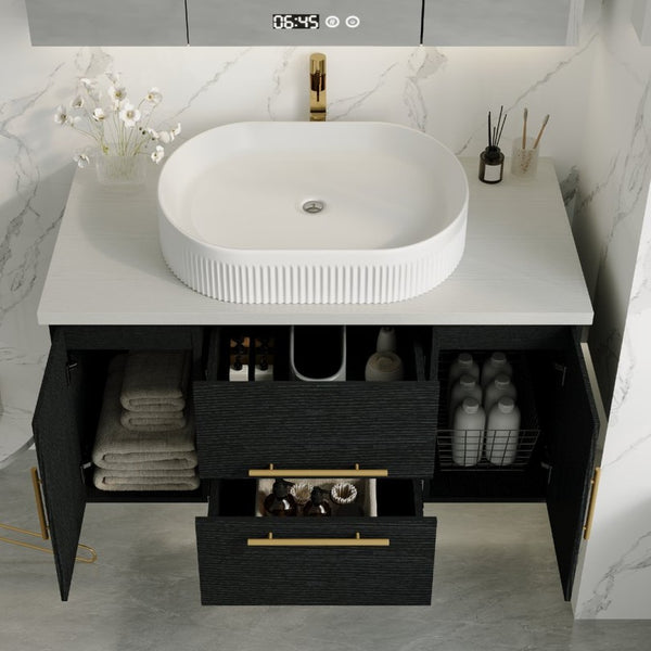 English Elm 39.4 Inch Floating Bathroom Vanity Solid Wood Cabinet with Ceramic Vessel Sink W3136S00125