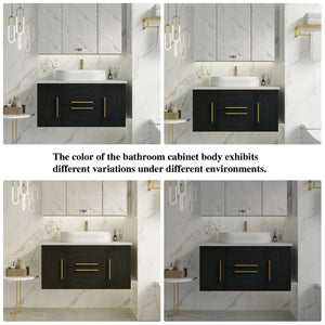 English Elm 39.4 Inch Floating Bathroom Vanity Solid Wood Cabinet with Ceramic Vessel Sink W3136S00125