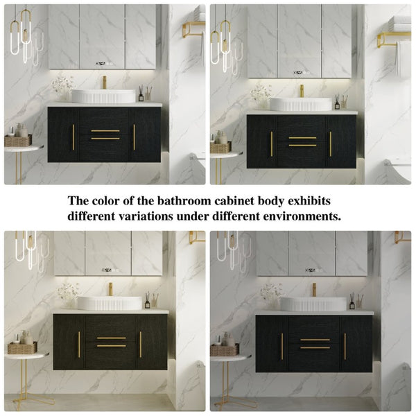 English Elm 39.4 Inch Floating Bathroom Vanity Solid Wood Cabinet with Ceramic Vessel Sink W3136S00125