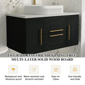 English Elm 39.4 Inch Floating Bathroom Vanity Solid Wood Cabinet with Ceramic Vessel Sink W3136S00125