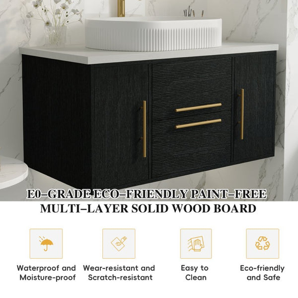 English Elm 39.4 Inch Floating Bathroom Vanity Solid Wood Cabinet with Ceramic Vessel Sink W3136S00125
