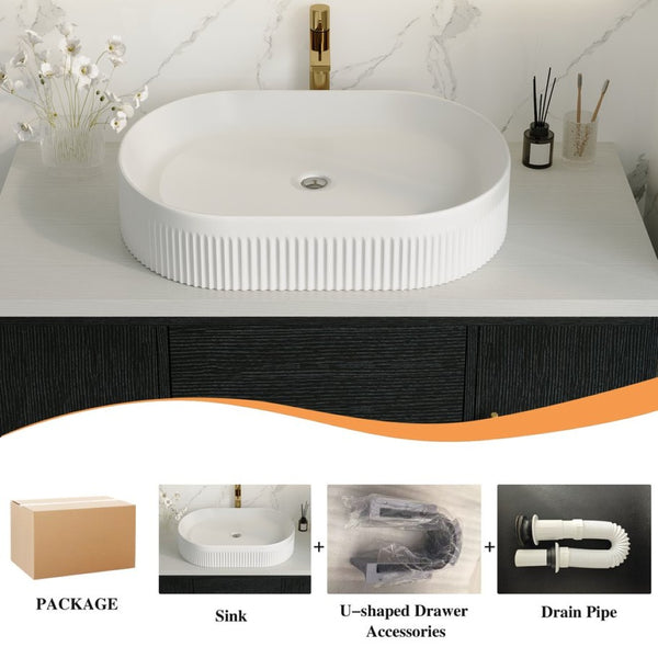 English Elm 39.4 Inch Floating Bathroom Vanity Solid Wood Cabinet with Ceramic Vessel Sink W3136S00125