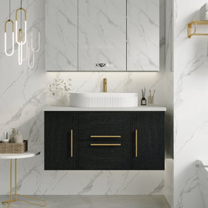 English Elm 39.4 Inch Floating Bathroom Vanity Solid Wood Cabinet with Ceramic Vessel Sink W3136S00125