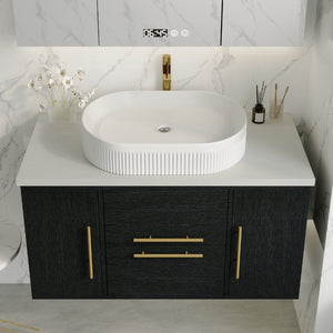 English Elm 39.4 Inch Floating Bathroom Vanity Solid Wood Cabinet with Ceramic Vessel Sink W3136S00125