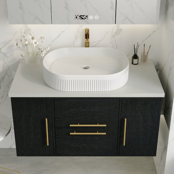 English Elm 39.4 Inch Floating Bathroom Vanity Solid Wood Cabinet with Ceramic Vessel Sink W3136S00125