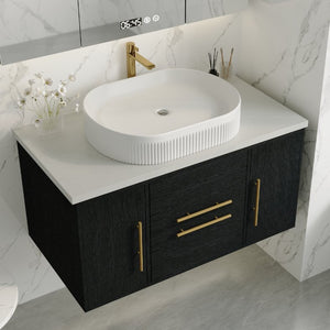 English Elm 39.4 Inch Floating Bathroom Vanity Solid Wood Cabinet with Ceramic Vessel Sink W3136S00125