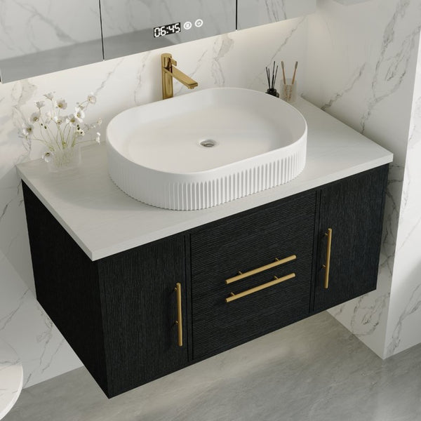 English Elm 39.4 Inch Floating Bathroom Vanity Solid Wood Cabinet with Ceramic Vessel Sink W3136S00125