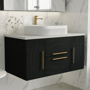 English Elm 39.4 Inch Floating Bathroom Vanity Solid Wood Cabinet with Ceramic Vessel Sink W3136S00125