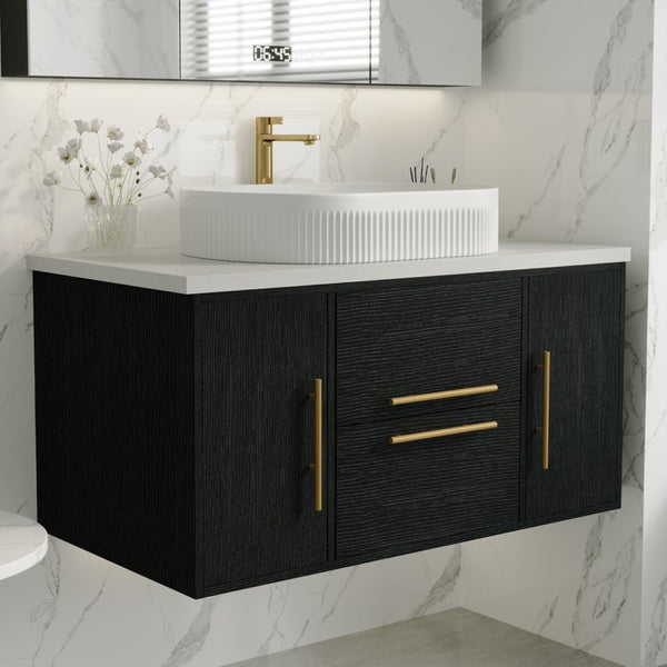 English Elm 39.4 Inch Floating Bathroom Vanity Solid Wood Cabinet with Ceramic Vessel Sink W3136S00125