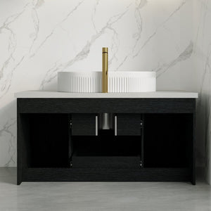 English Elm 39.4 Inch Floating Bathroom Vanity Solid Wood Cabinet with Ceramic Vessel Sink W3136S00125