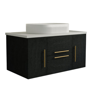 English Elm 39.4 Inch Floating Bathroom Vanity Solid Wood Cabinet with Ceramic Vessel Sink W3136S00125