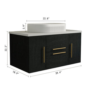 English Elm 39.4 Inch Floating Bathroom Vanity Solid Wood Cabinet with Ceramic Vessel Sink W3136S00125