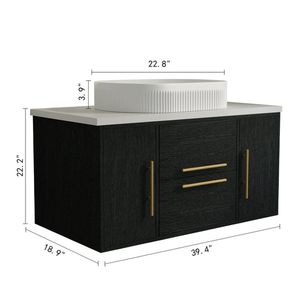English Elm 39.4 Inch Floating Bathroom Vanity Solid Wood Cabinet with Ceramic Vessel Sink W3136S00125