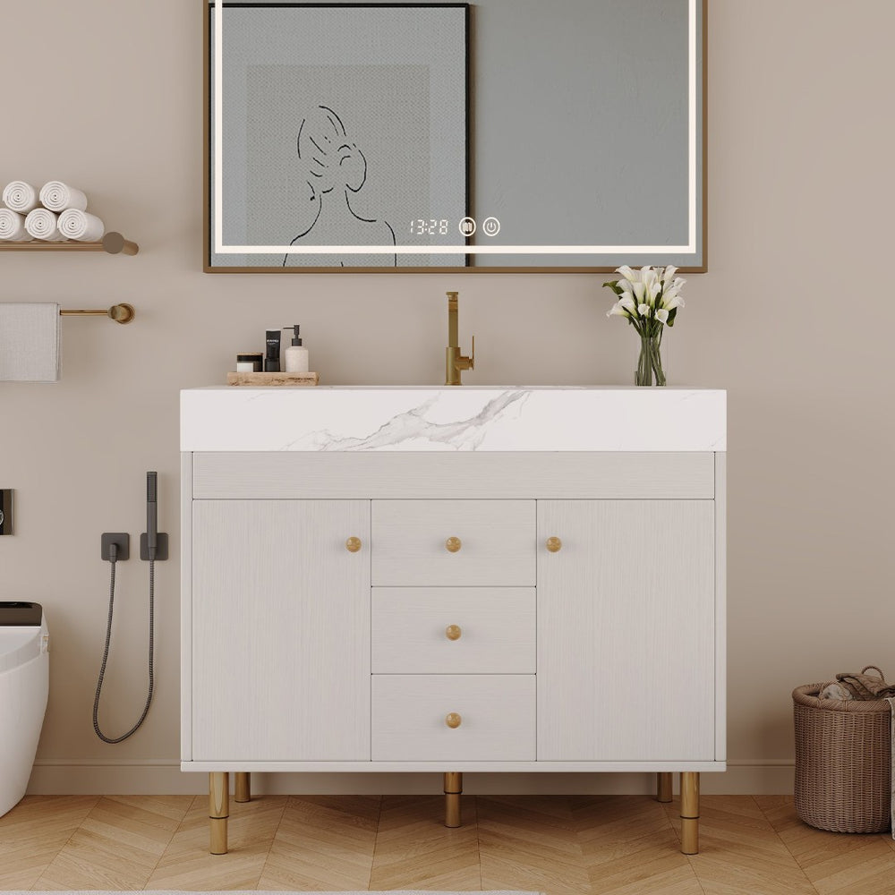 English Elm 36 Inch Freestanding Bathroom Vanity with Sintered Stone Top and Soft Close Drawers Antique White / Gray / Gold / White W3136S00126