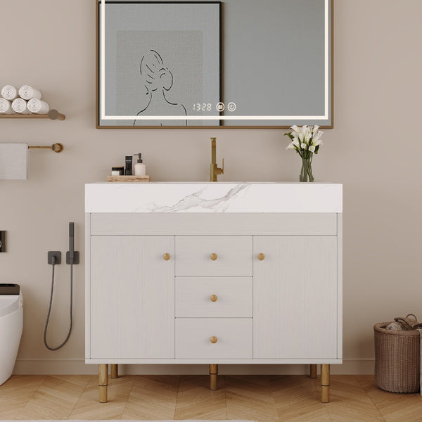 English Elm 36 Inch Freestanding Bathroom Vanity with Sintered Stone Top and Soft Close Drawers Antique White / Gray / Gold / White W3136S00126