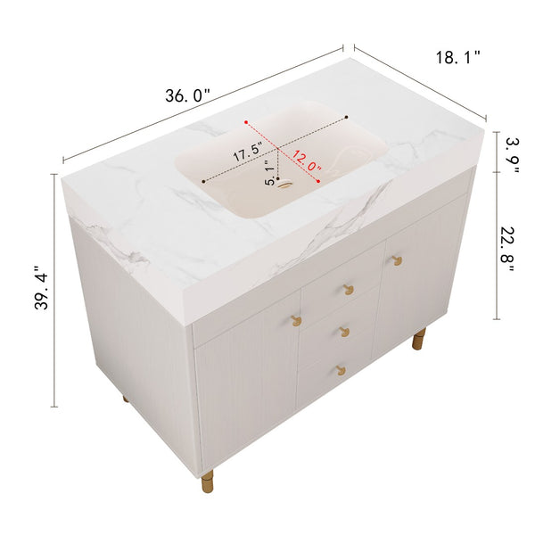 English Elm 36 Inch Freestanding Bathroom Vanity with Sintered Stone Top and Soft Close Drawers Antique White / Gray / Gold / White W3136S00126