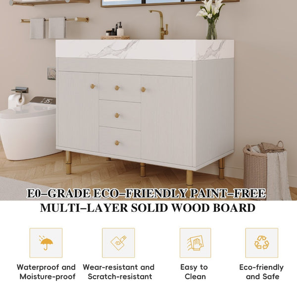 English Elm 36 Inch Freestanding Bathroom Vanity with Sintered Stone Top and Soft Close Drawers Antique White / Gray / Gold / White W3136S00126