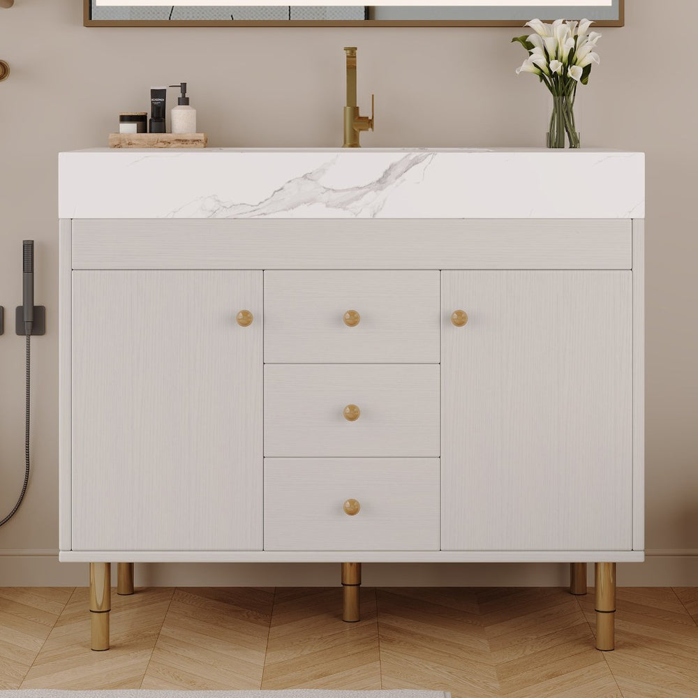English Elm 36 Inch Freestanding Bathroom Vanity with Sintered Stone Top and Soft Close Drawers Antique White / Gray / Gold / White W3136S00126