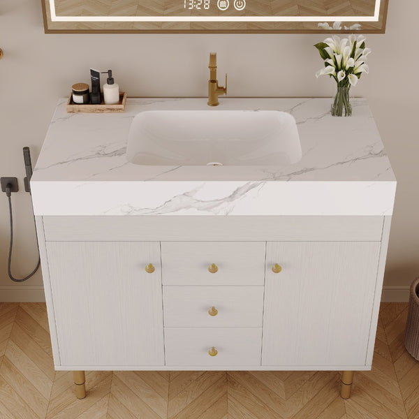 English Elm 36 Inch Freestanding Bathroom Vanity with Sintered Stone Top and Soft Close Drawers Antique White / Gray / Gold / White W3136S00126