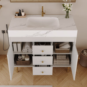 English Elm 36 Inch Freestanding Bathroom Vanity with Sintered Stone Top and Soft Close Drawers Antique White / Gray / Gold / White W3136S00126