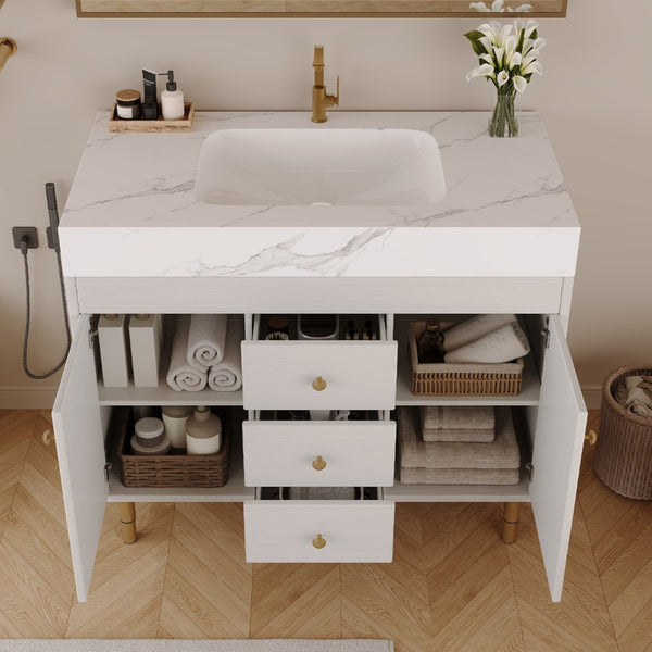 English Elm 36 Inch Freestanding Bathroom Vanity with Sintered Stone Top and Soft Close Drawers Antique White / Gray / Gold / White W3136S00126