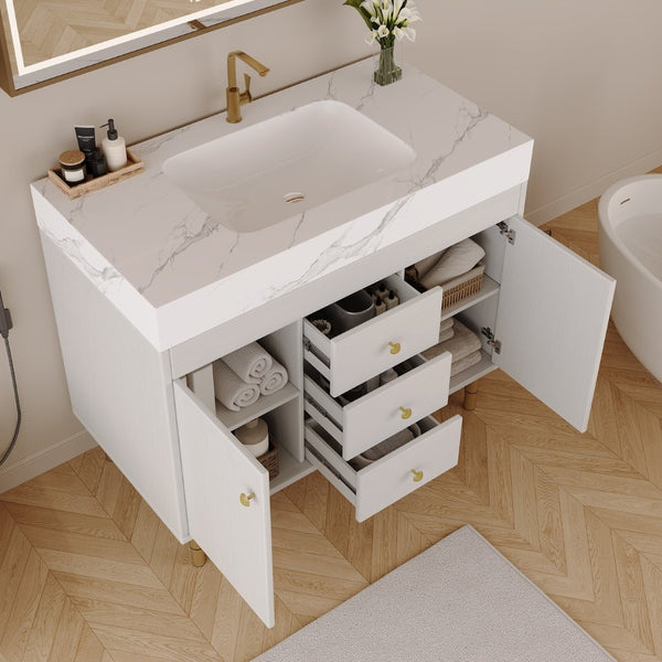English Elm 36 Inch Freestanding Bathroom Vanity with Sintered Stone Top and Soft Close Drawers Antique White / Gray / Gold / White W3136S00126