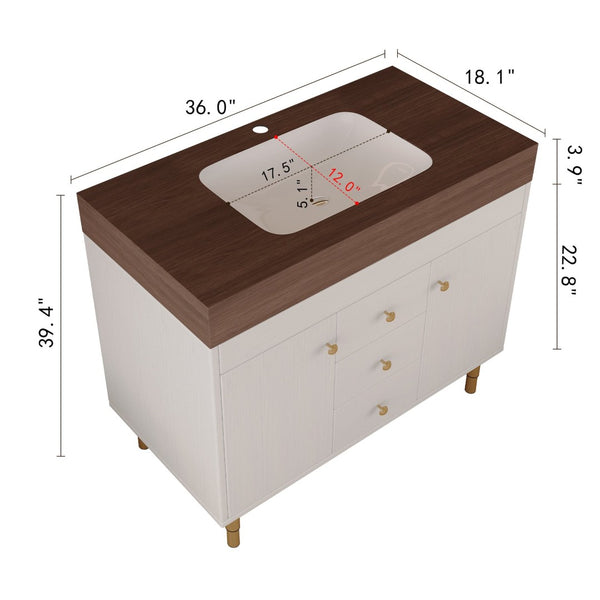 English Elm 36 Inch Freestanding Bathroom Vanity with Sintered Stone Top and Soft Close Drawers Antique Grey White / Gold / Walnut W3136S00127