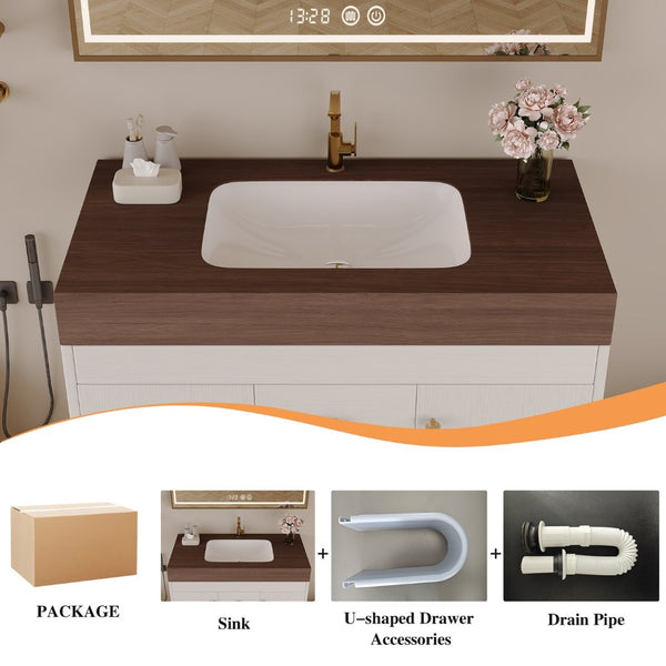 English Elm 36 Inch Freestanding Bathroom Vanity with Sintered Stone Top and Soft Close Drawers Antique Grey White / Gold / Walnut W3136S00127