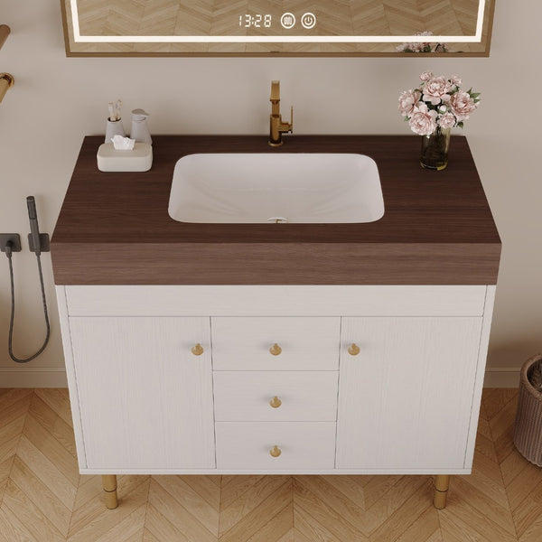 English Elm 36 Inch Freestanding Bathroom Vanity with Sintered Stone Top and Soft Close Drawers Antique Grey White / Gold / Walnut W3136S00127