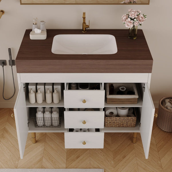 English Elm 36 Inch Freestanding Bathroom Vanity with Sintered Stone Top and Soft Close Drawers Antique Grey White / Gold / Walnut W3136S00127