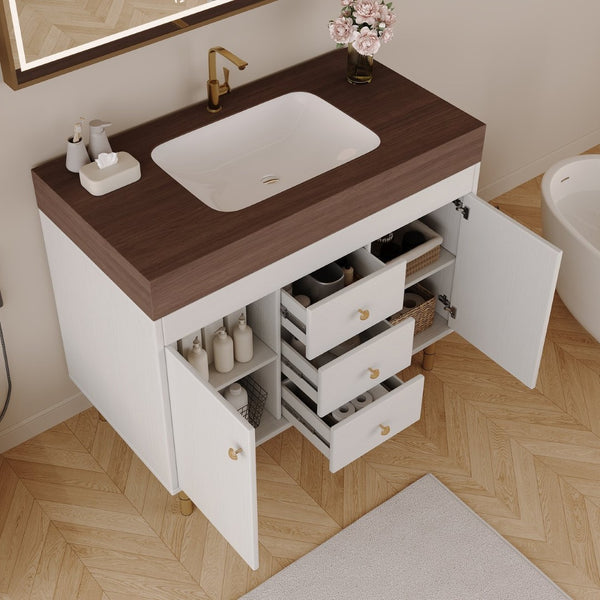 English Elm 36 Inch Freestanding Bathroom Vanity with Sintered Stone Top and Soft Close Drawers Antique Grey White / Gold / Walnut W3136S00127
