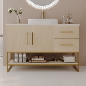 English Elm 36 Inch Freestanding Bathroom Vanity with Ceramic Vessel Sink and Brushed Gold Base American White Oak / Gold + White W3136S00128