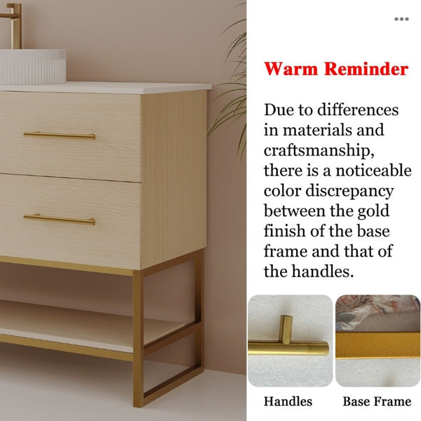 English Elm 36 Inch Freestanding Bathroom Vanity with Ceramic Vessel Sink and Brushed Gold Base American White Oak / Gold + White W3136S00128