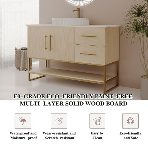 English Elm 36 Inch Freestanding Bathroom Vanity with Ceramic Vessel Sink and Brushed Gold Base American White Oak / Gold + White W3136S00128