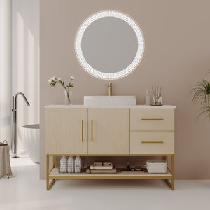 English Elm 36 Inch Freestanding Bathroom Vanity with Ceramic Vessel Sink and Brushed Gold Base American White Oak / Gold + White W3136S00128