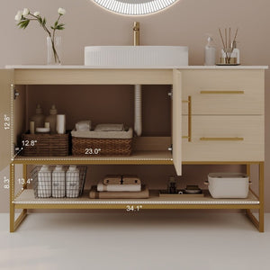English Elm 36 Inch Freestanding Bathroom Vanity with Ceramic Vessel Sink and Brushed Gold Base American White Oak / Gold + White W3136S00128