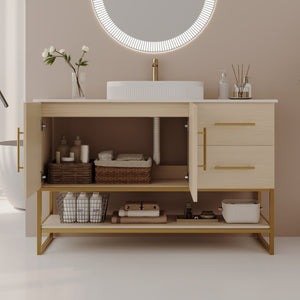 English Elm 36 Inch Freestanding Bathroom Vanity with Ceramic Vessel Sink and Brushed Gold Base American White Oak / Gold + White W3136S00128