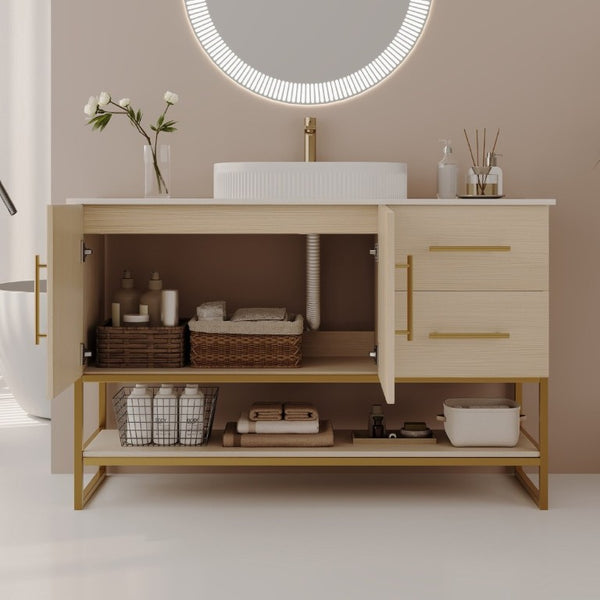 English Elm 36 Inch Freestanding Bathroom Vanity with Ceramic Vessel Sink and Brushed Gold Base American White Oak / Gold + White W3136S00128