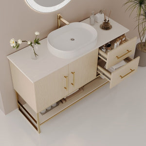 English Elm 36 Inch Freestanding Bathroom Vanity with Ceramic Vessel Sink and Brushed Gold Base American White Oak / Gold + White W3136S00128