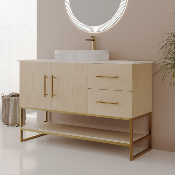 English Elm 36 Inch Freestanding Bathroom Vanity with Ceramic Vessel Sink and Brushed Gold Base American White Oak / Gold + White W3136S00128