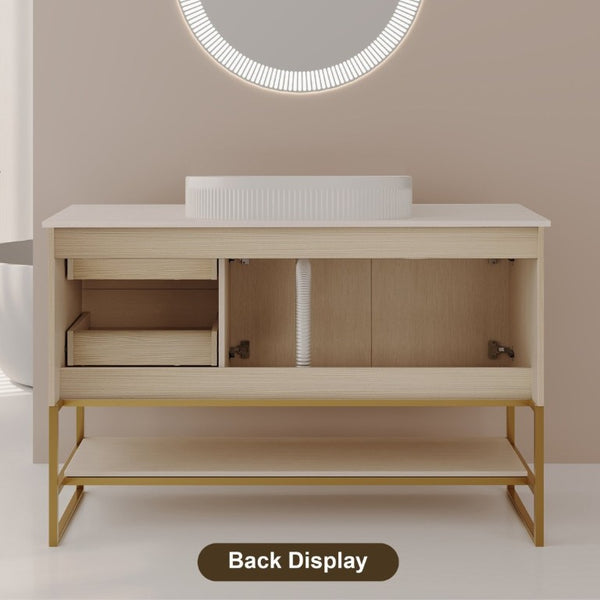 English Elm 36 Inch Freestanding Bathroom Vanity with Ceramic Vessel Sink and Brushed Gold Base American White Oak / Gold + White W3136S00128