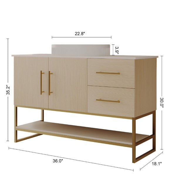 English Elm 36 Inch Freestanding Bathroom Vanity with Ceramic Vessel Sink and Brushed Gold Base American White Oak / Gold + White W3136S00128