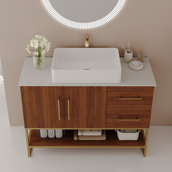English Elm 36 Inch Freestanding Bathroom Vanity Set with Ceramic Vessel Sink and Gold Steel Base W3136S00129