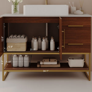 English Elm 36 Inch Freestanding Bathroom Vanity Set with Ceramic Vessel Sink and Gold Steel Base W3136S00129