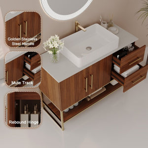 English Elm 36 Inch Freestanding Bathroom Vanity Set with Ceramic Vessel Sink and Gold Steel Base W3136S00129