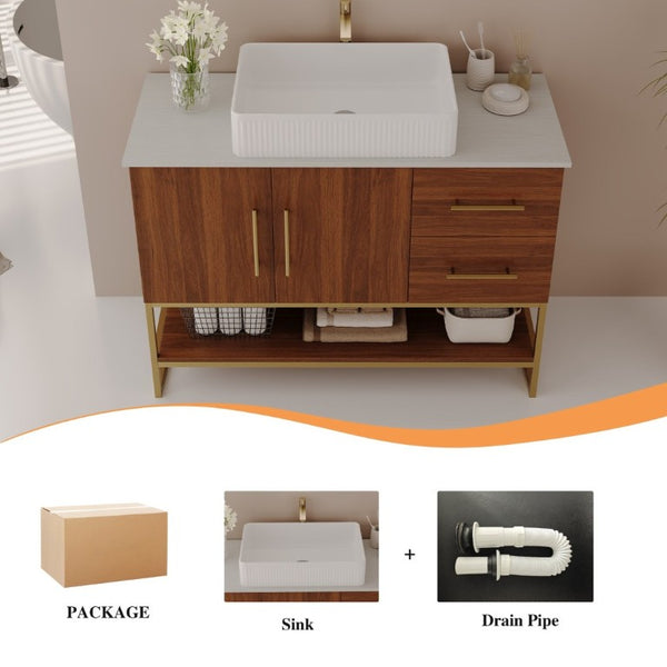 English Elm 36 Inch Freestanding Bathroom Vanity Set with Ceramic Vessel Sink and Gold Steel Base W3136S00129