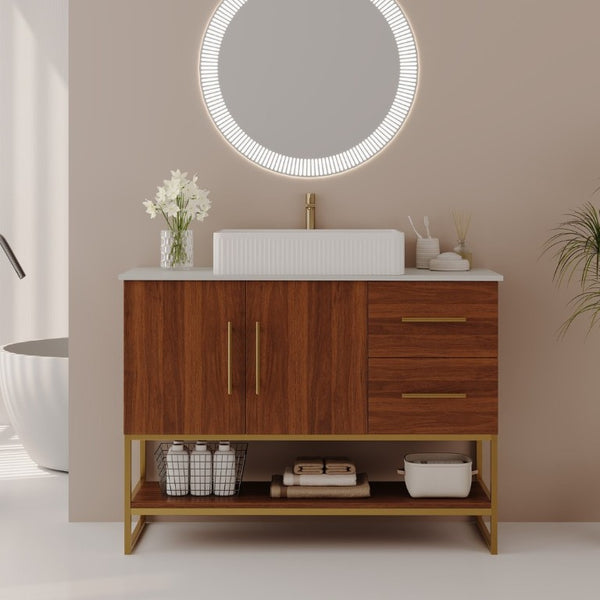 English Elm 36 Inch Freestanding Bathroom Vanity Set with Ceramic Vessel Sink and Gold Steel Base W3136S00129