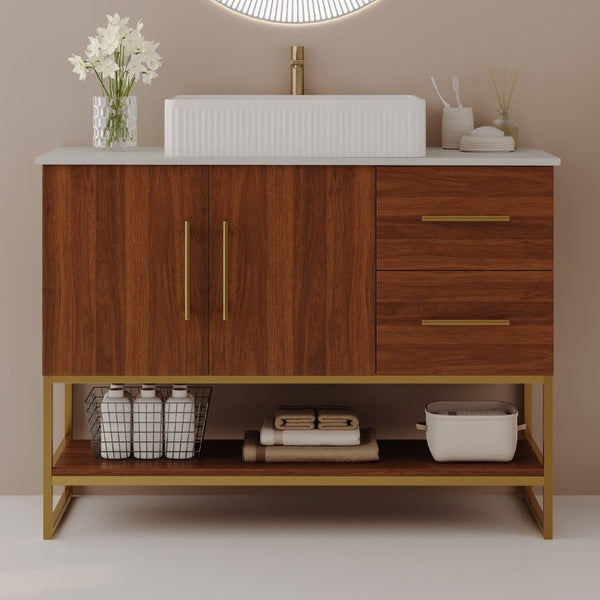 English Elm 36 Inch Freestanding Bathroom Vanity Set with Ceramic Vessel Sink and Gold Steel Base W3136S00129